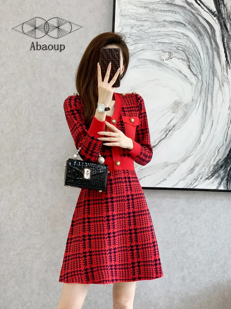 Autumn winter Women dress Buttons V-Neck Pullover red lattice pattern elegant England Style High waist knitting Bottom skirt
Autumn winter Women dress Buttons V-Neck Pullover red lattice pattern elegant England Style High waist knitting Bottom skirt