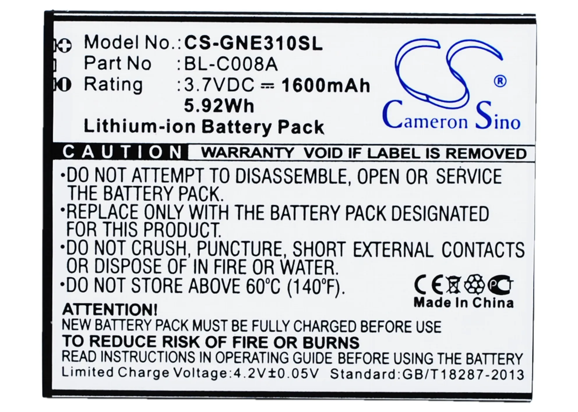 

Cameron Sino Mobile SmartPhone Replacement Li-ion Battery 1600mAh For BL-C008A GIONEE E3, E3T Free Tools