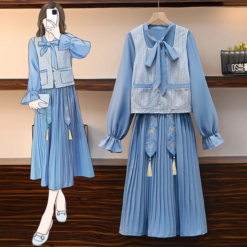 Spring Autumn Plus Size Women Embroidery Dress Bow Collar 2 Piece Set Vest+Long Sleeve A Line Slim Pleated Midi Dress Suit
Spring Autumn Plus Size Women Embroidery Dress Bow Collar 2 Piece Set Vest+Long Sleeve A Line Slim Pleated Midi Dress Suit