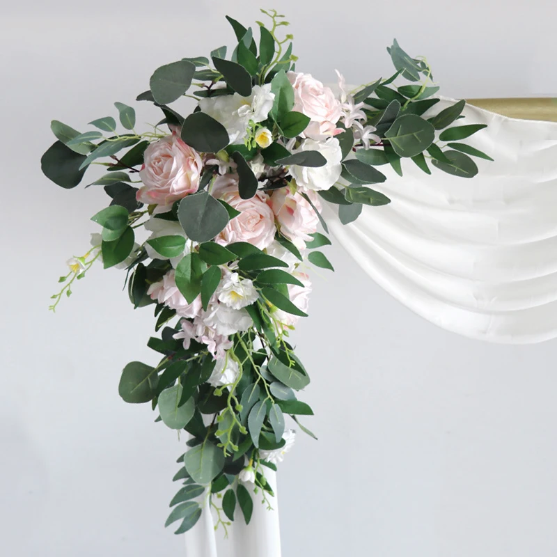 

2pcs Artificial Wedding Flowers Arch Props Welcome Card Sign Garland Decor Pink Hanging Flower Row Backdrop Wall Window Arrange