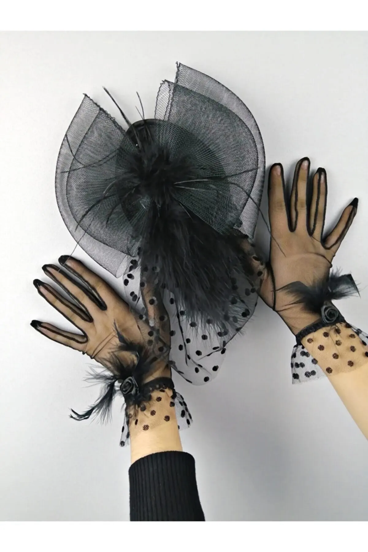 

Black Polka Dot Vualet And Black Otriş Feathered Bridal Gloves Lace Mesh Bridal Transparent Elegant Fishnet Silk Tulle Guipure