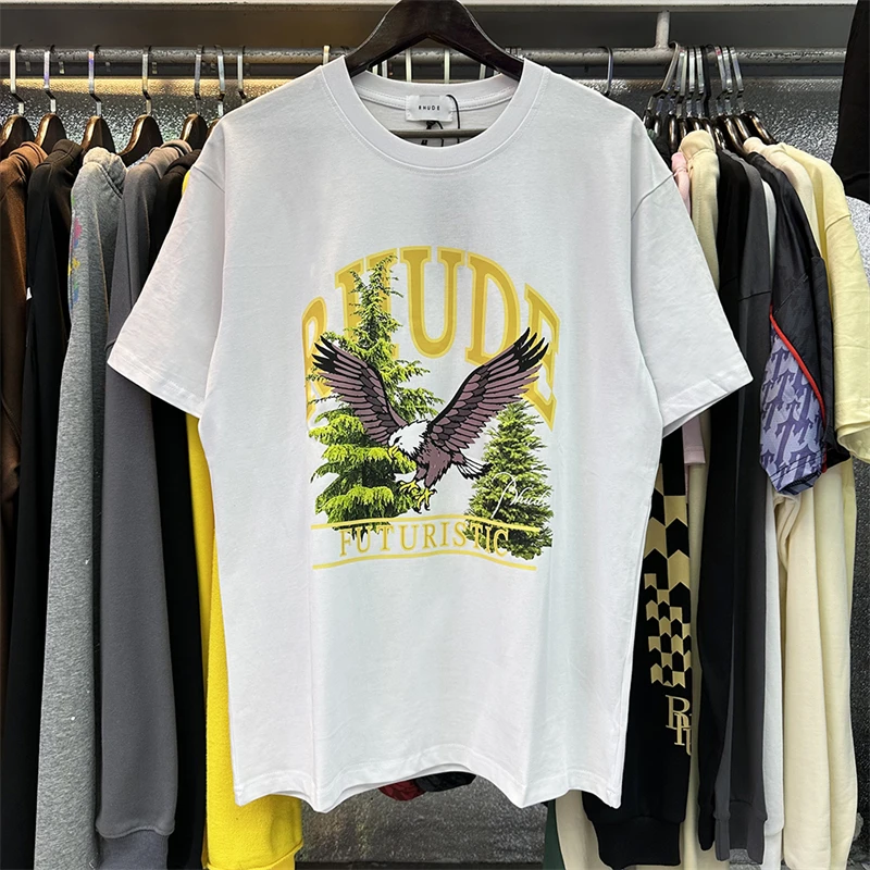 

Rhude Futuristic Eagle Logo Print T Shirt Men Women Rhude Streetwear Apricot Oversize Tee Top Harajuku Graphic T Shirts Clothing