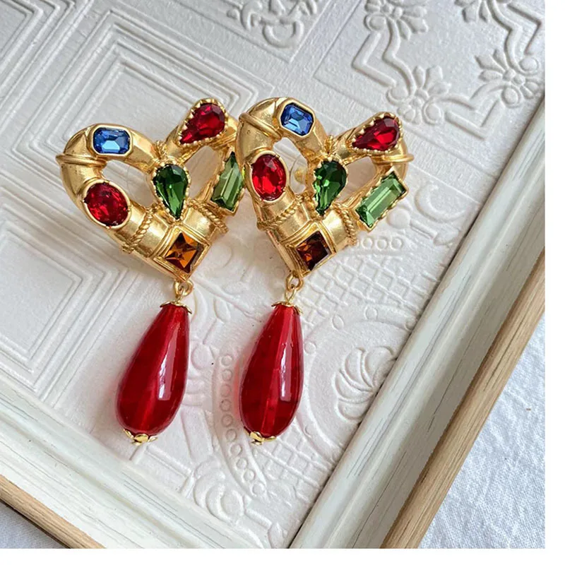 

Antique Ruby Emerald Sapphire Heart Zircons CZ Ear Dangle Ear Drop Long Stud Earring For Women 9K 10K Real Gold Retro Jewellery