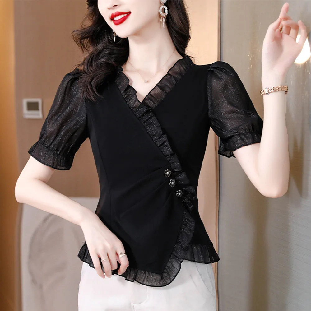 Ruffled Women's Shirt Short Sleeve Women's Blouses Summer Fashion Black Shirts All-match V-neck Irregularl Top Elegant Blusas
Ruffled Women's Shirt Short Sleeve Women's Blouses Summer Fashion Black Shirts All-match V-neck Irregularl Top Elegant Blusas