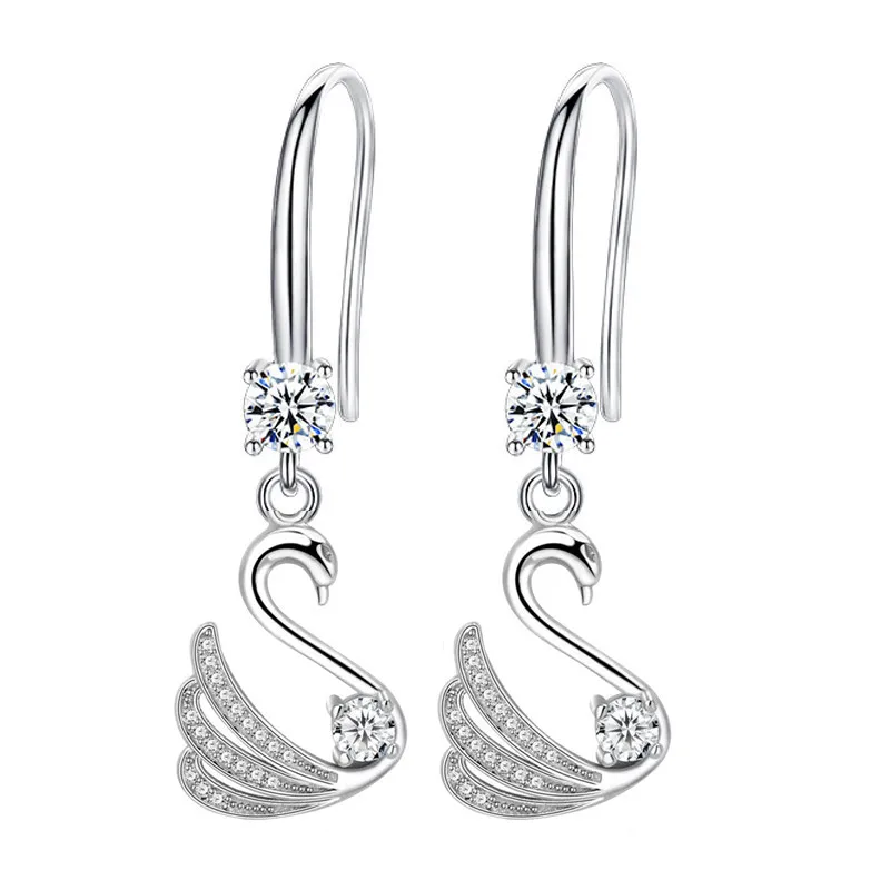 

Wholesale S925 Sterling Silver Trendy Women Fashion Jewelry Blue Pink Zircon Crystal Swan Long Tassel Simple Hook Earrings