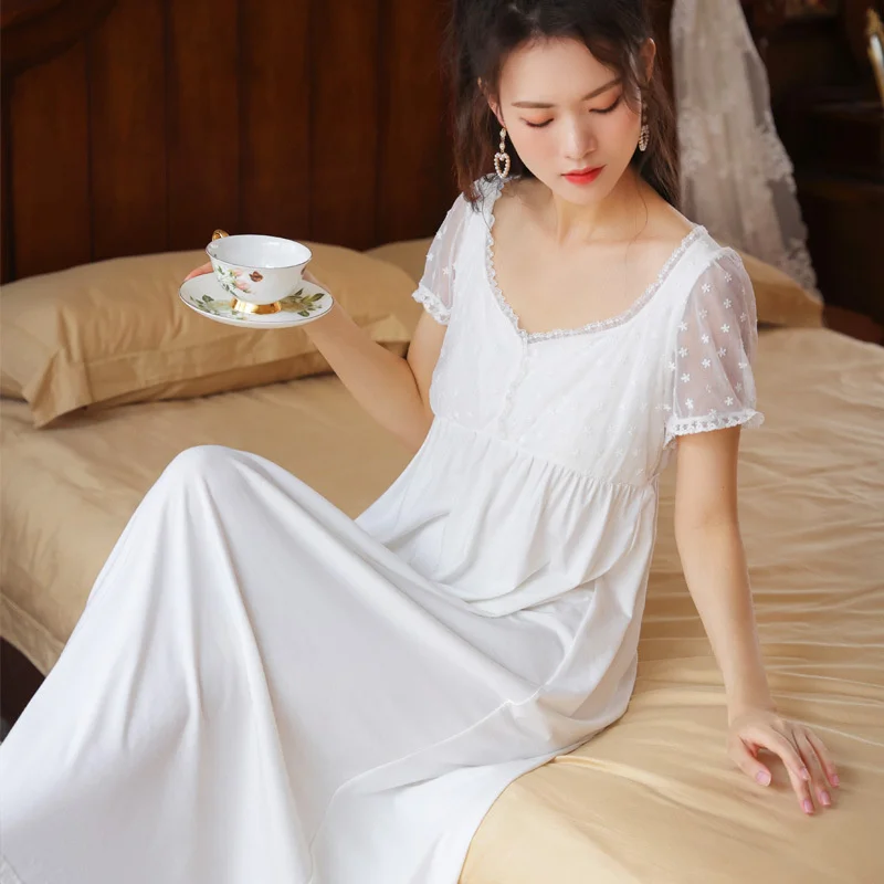 Short Sleeve Nightdress Women's Summer Cotton Court Style V-neck Sweet Lace Princess Pajamas Can Be Worn Outside Home Clothes
Short Sleeve Nightdress Women's Summer Cotton Court Style V-neck Sweet Lace Princess Pajamas Can Be Worn Outside Home Clothes