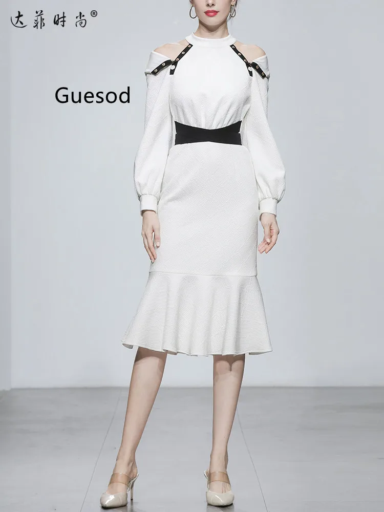 Women Knitting Dress 2023 Spring Fashion Stand Collar Off The Shoulder Lantern Sleeve Casual Patchwork Designer White Fish Tail
Women Knitting Dress 2023 Spring Fashion Stand Collar Off The Shoulder Lantern Sleeve Casual Patchwork Designer White Fish Tail