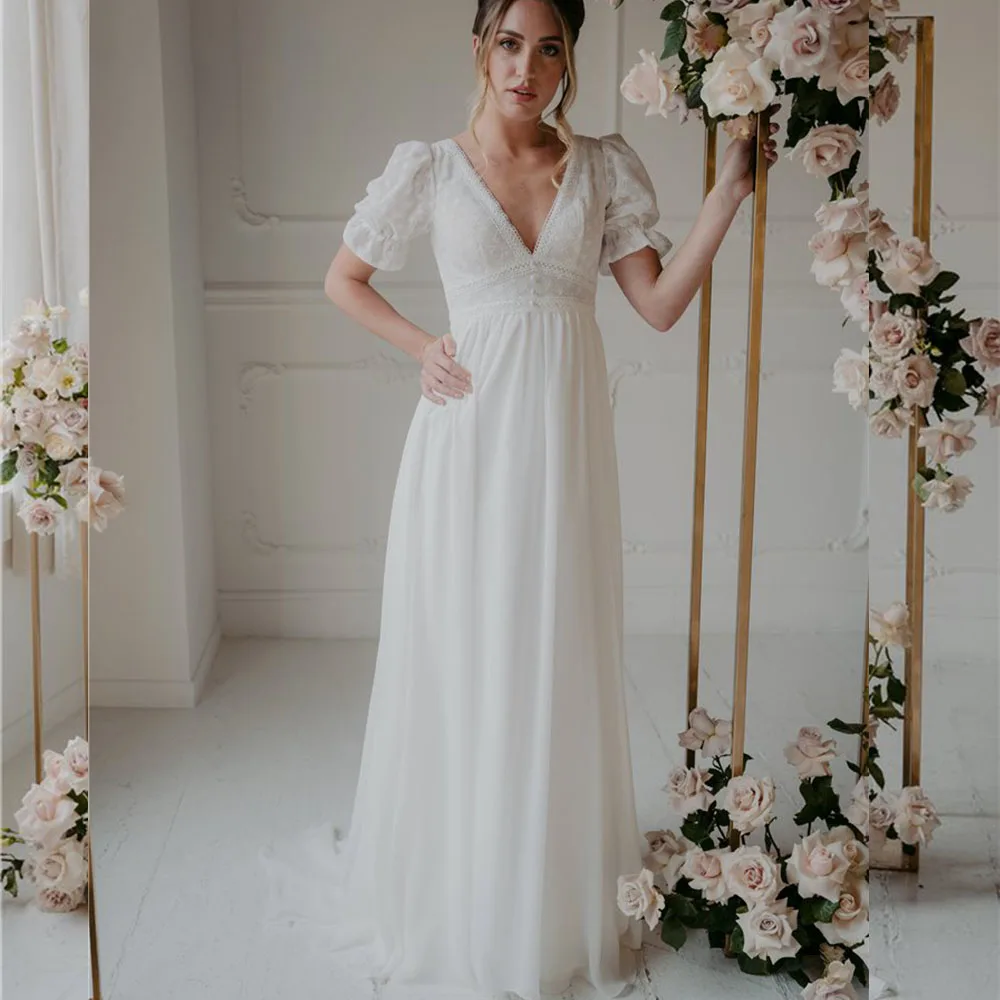 Simple Wedding Dresses Deep V-Neck Zipper Back Short Puff Sleeves Bride Gowns Chiffon A-Line Sweep Train Vestido De Noiva
Simple Wedding Dresses Deep V-Neck Zipper Back Short Puff Sleeves Bride Gowns Chiffon A-Line Sweep Train Vestido De Noiva