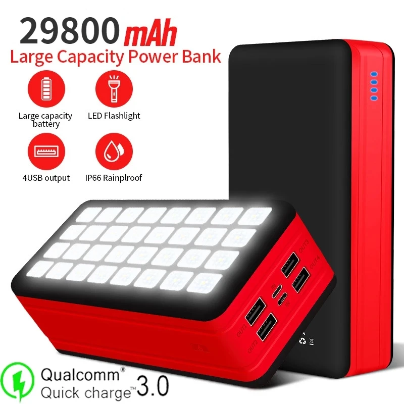 Solar Phone Charger Portable Power Bank Large Capacity 29800mAh 4 USB fast charging interface and camping lights for Xiaomi
Solar Phone Charger Portable Power Bank Large Capacity 29800mAh 4 USB fast charging interface and camping lights for Xiaomi