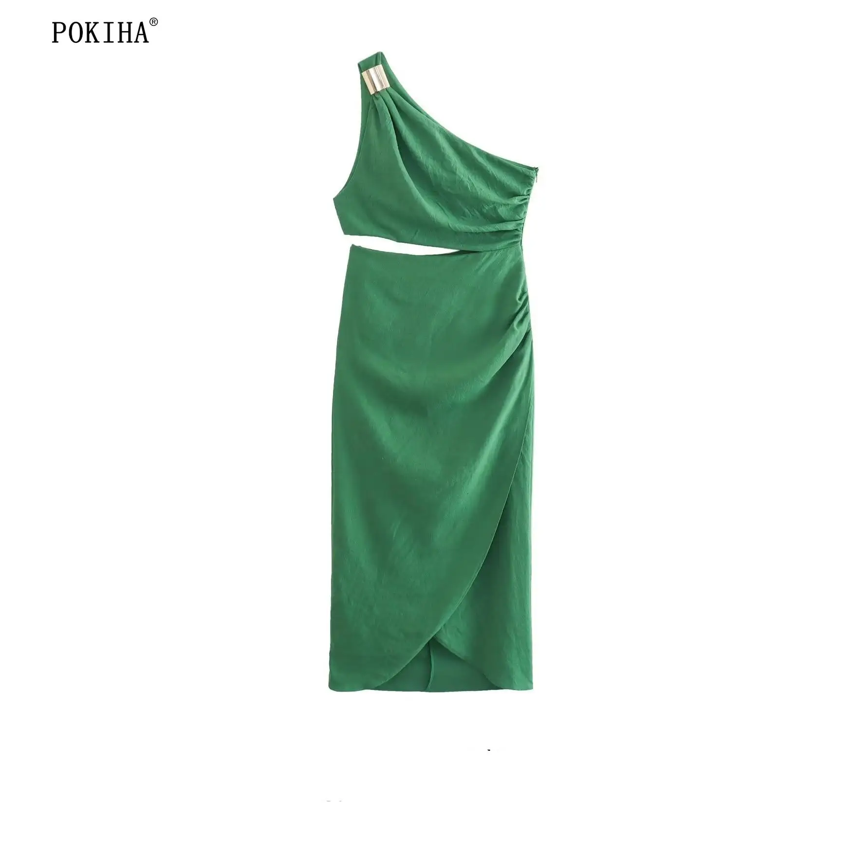 

Pokiha модное летнее женское асимметричное дизайнерское пикантное зеленое однотонное пикантное элегантное облегающее платье миди шикарное Новое Брендовое без рукавов