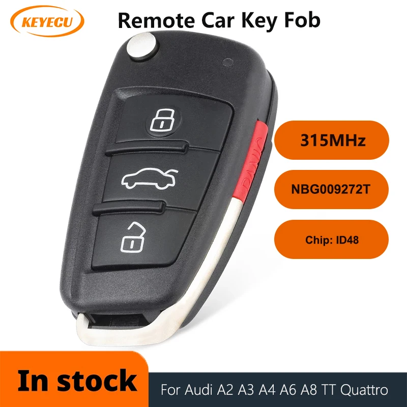 KEYECU Replacement Remote Flip Key 4Button 315MHZ ID48 FCC: NBG009272T for Audi A2 A3 A4 A6 A8 TT Quattro S3 S6 S8 Q7 R8 S5 RS4
KEYECU Replacement Remote Flip Key 4Button 315MHZ ID48 FCC: NBG009272T for Audi A2 A3 A4 A6 A8 TT Quattro S3 S6 S8 Q7 R8 S5 RS4