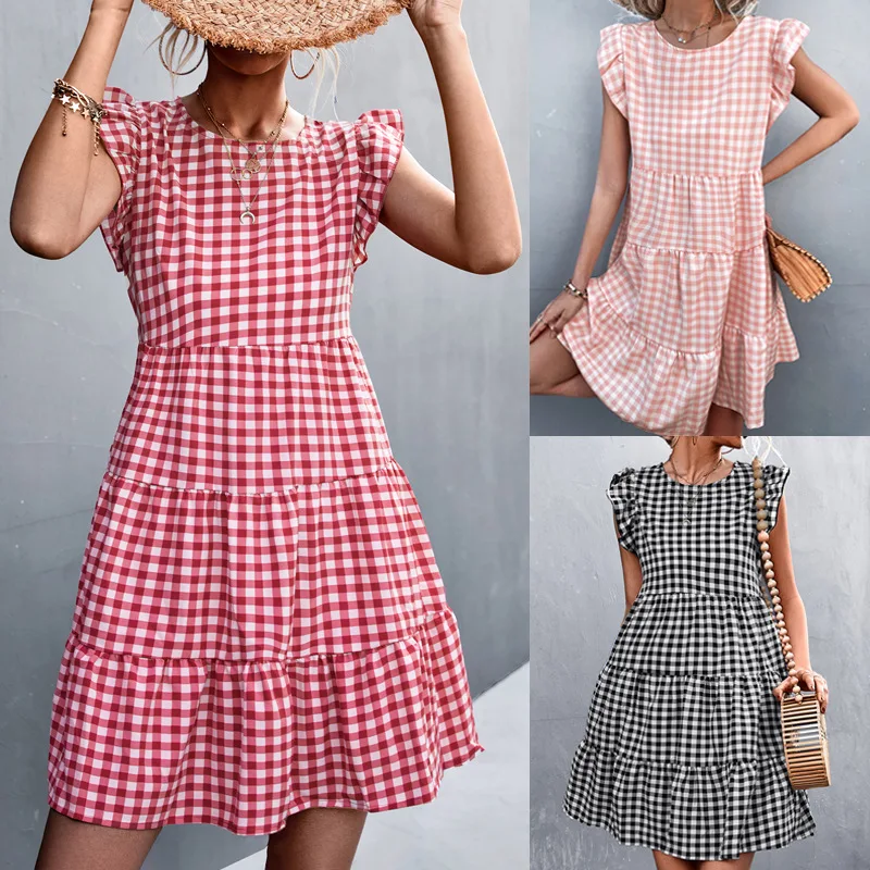 women spring summer Summer Plaid Short Sleeve Dress Women Casual Loose Ruffle Stitching Beach Dress Elegant sweet Dresses 2022
women spring summer Summer Plaid Short Sleeve Dress Women Casual Loose Ruffle Stitching Beach Dress Elegant sweet Dresses 2022