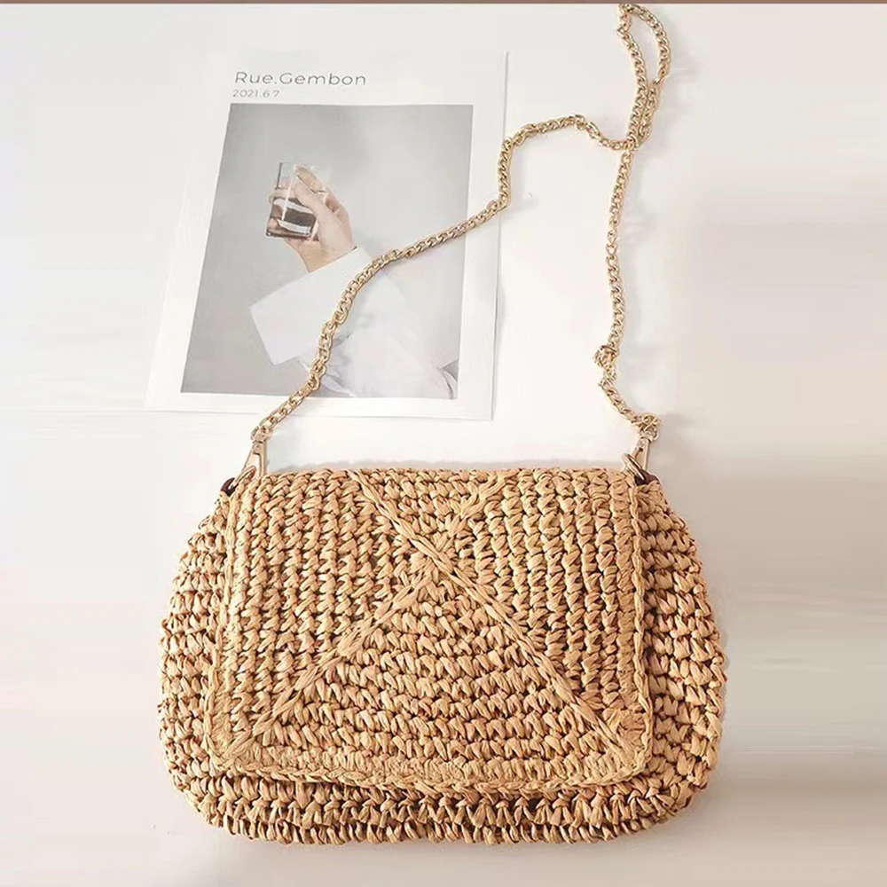 

Плетеные соломенные сумки в богемном стиле для женщин, Пляжная летняя дорожная сумочка на цепочке, сумка на плечо из ротанга ручной работы, сумки через плечо для женщин