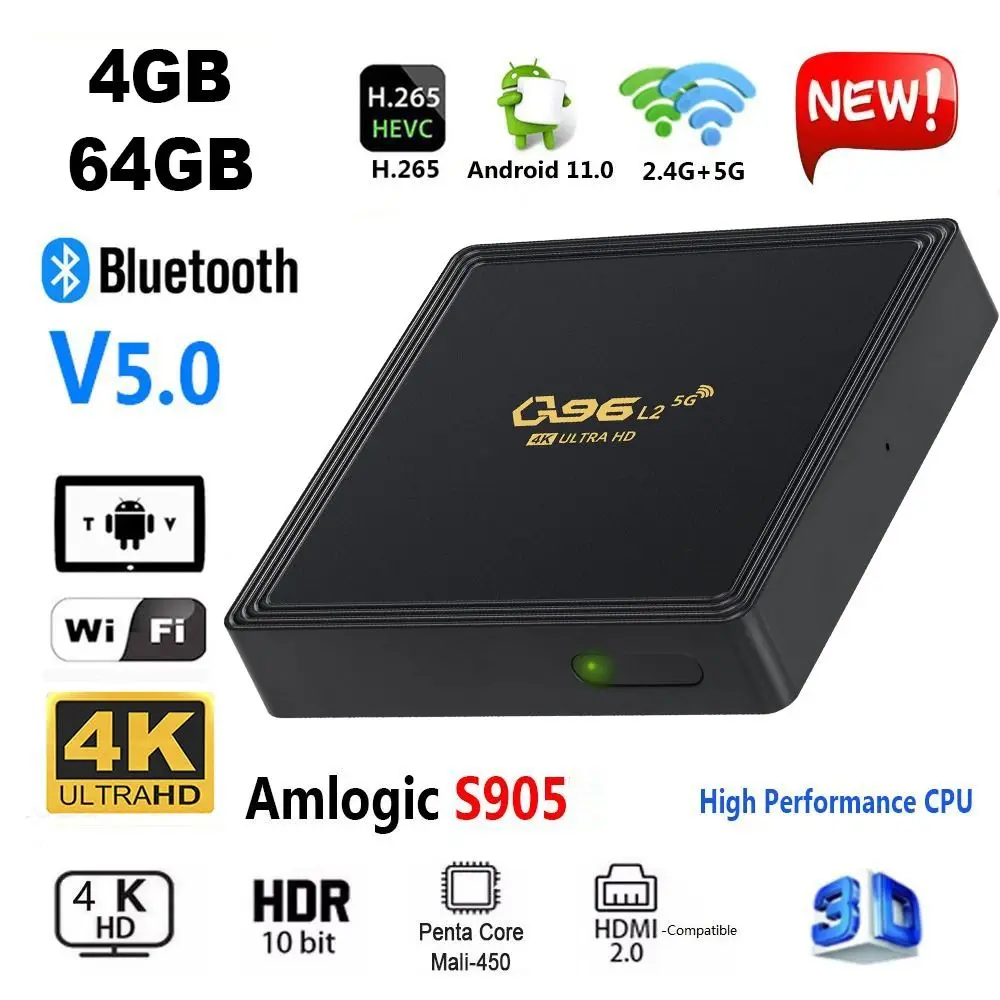 Q96 L2 Quad Core 4GB 64GB Bluetooth 4K HDR Amlogic S905 Set Top Box Android 11 Smart TV Box
Q96 L2 Quad Core 4GB 64GB Bluetooth 4K HDR Amlogic S905 Set Top Box Android 11 Smart TV Box