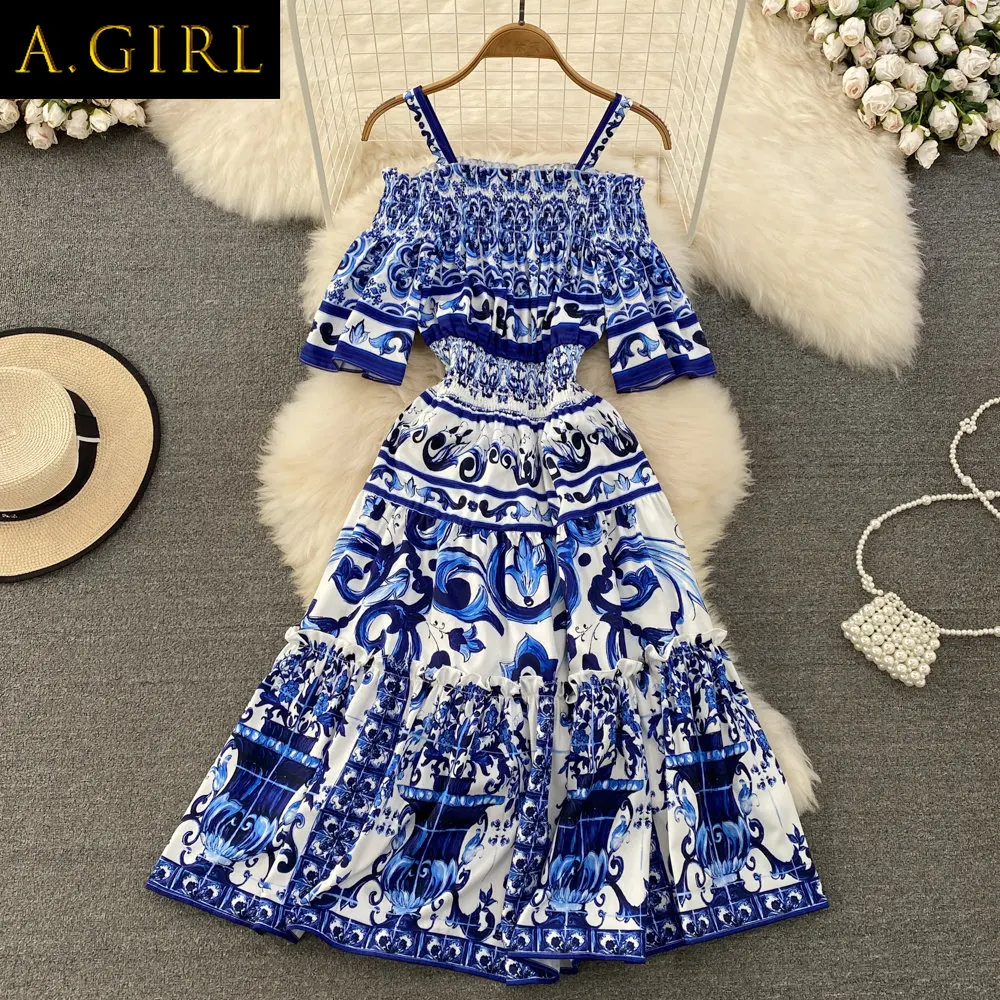 A GIRLS Summer Fashion Runway Midi Dress Women's Cool Shoulder Flare Sleeve Blue and White Porcelain Holiday Beach Vestidos
A GIRLS Summer Fashion Runway Midi Dress Women's Cool Shoulder Flare Sleeve Blue and White Porcelain Holiday Beach Vestidos