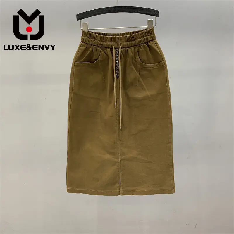 

LUXE&ENVY High Waisted Split Knee Denim Skirt Women New Elastic Waist Mid Length A-line Buttocks 2023 Autumn