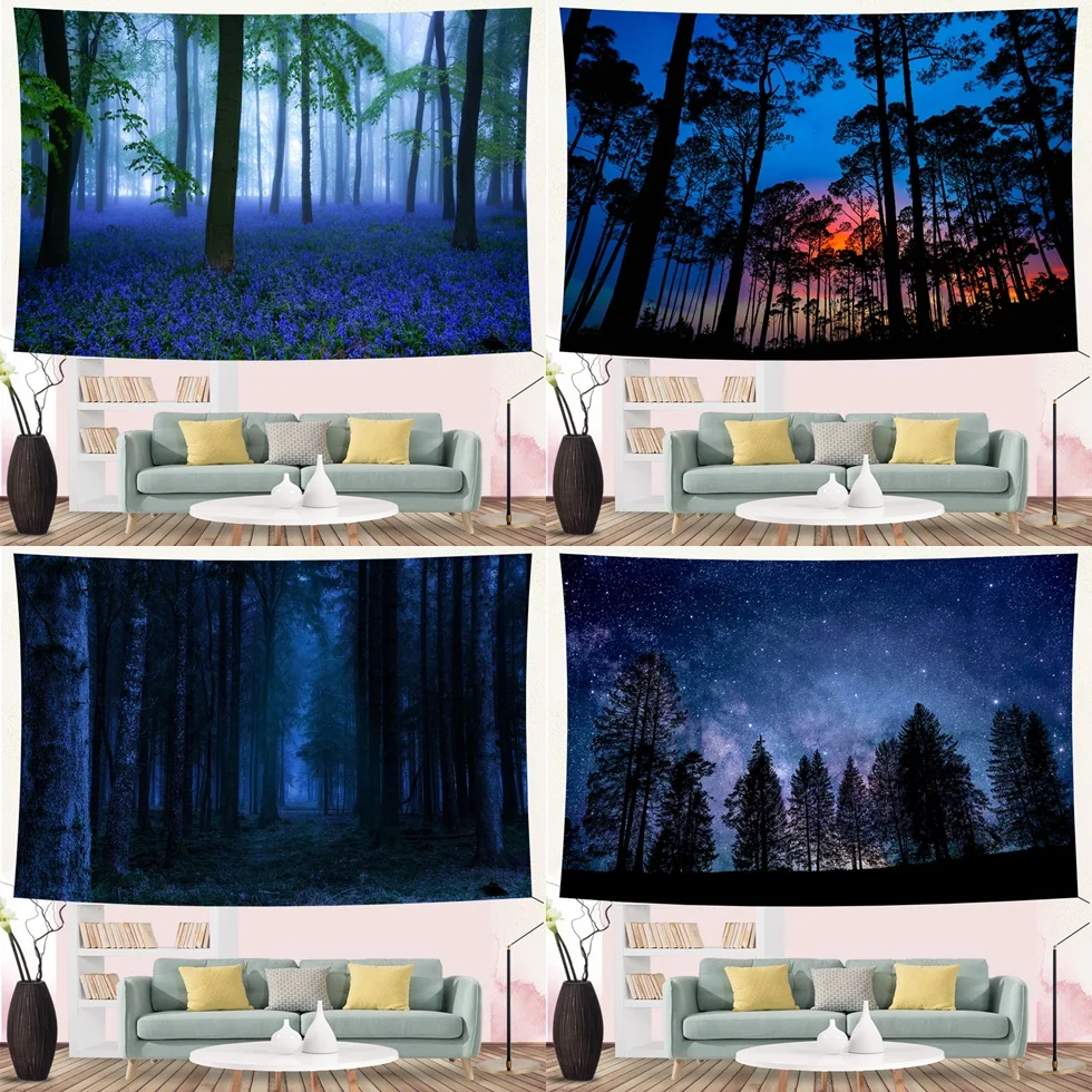 

Misty Forest Tree Flowers Tapestry Blue Starry Sky Sunset Natural Scenery Wall Hanging Tapestries Bohemian Art Home Decor Fabric