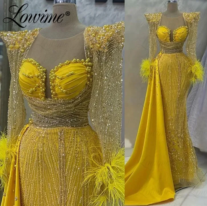 Dubai Elegant Long Sleeve Feathers Evening Gown Wear Dress Yellow Arabic Beaded Sequins Plus Size Middle East Prom Party Dresses
Dubai Elegant Long Sleeve Feathers Evening Gown Wear Dress Yellow Arabic Beaded Sequins Plus Size Middle East Prom Party Dresses