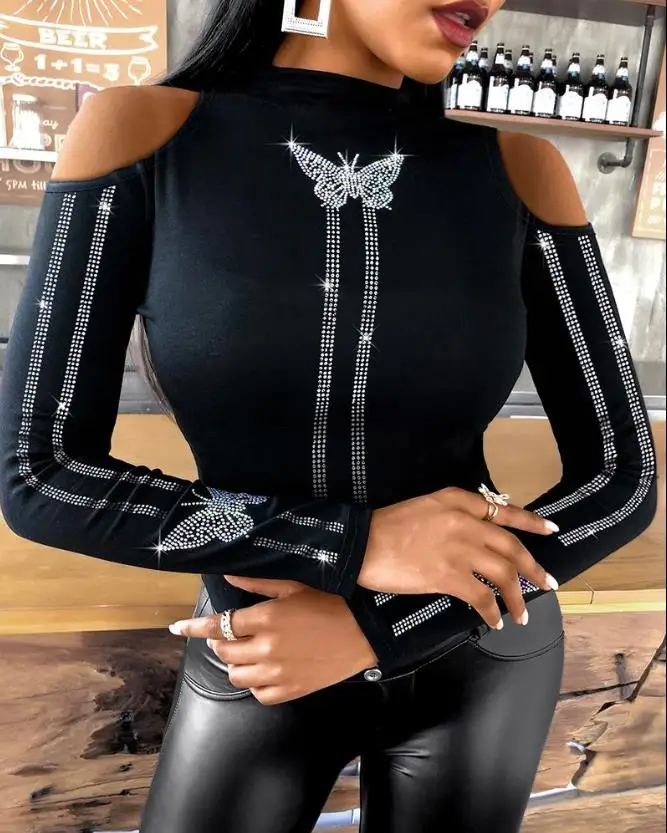 Cold Shoulder Butterfly Pattern Rhinestone Top Spring Europe America Fashion Women's Clothing Skinny Chic Sexy Street Blouse
Cold Shoulder Butterfly Pattern Rhinestone Top Spring Europe America Fashion Women's Clothing Skinny Chic Sexy Street Blouse