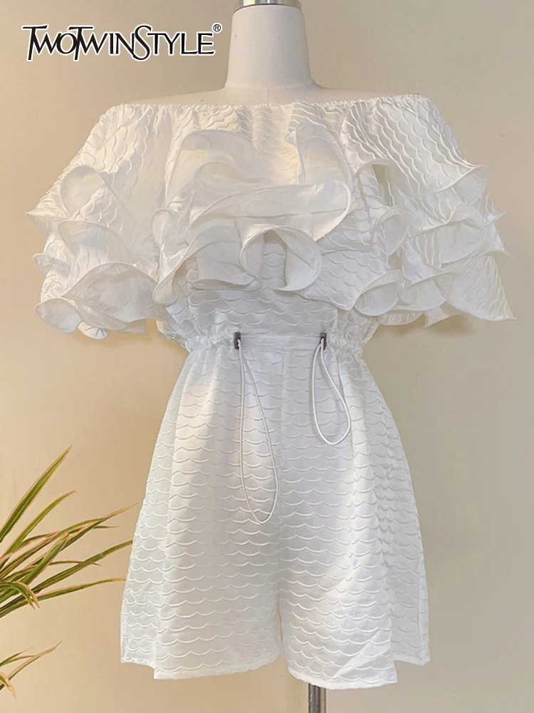 TWOTWINSTYLE Casual Ruffle Trim Jumpsuit For Women Slash Neck Short Sleeve High Waist Solid Wide Leg Pants Female Clothing Style
TWOTWINSTYLE Casual Ruffle Trim Jumpsuit For Women Slash Neck Short Sleeve High Waist Solid Wide Leg Pants Female Clothing Style