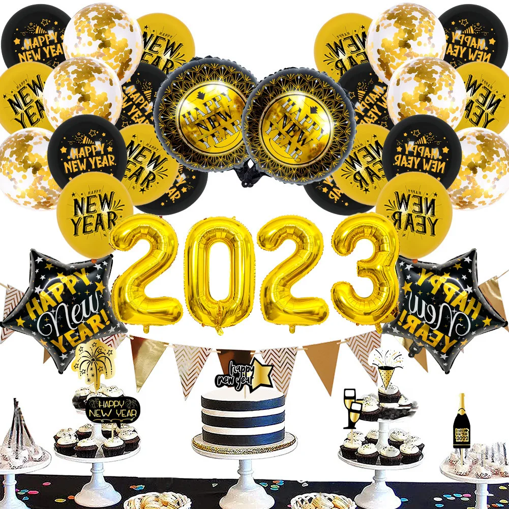 

2023 Happy New Year Set Foil Balloons Photo Booth Frame Props Gold Black Banner Garland New Year Eve Party Home Supplies