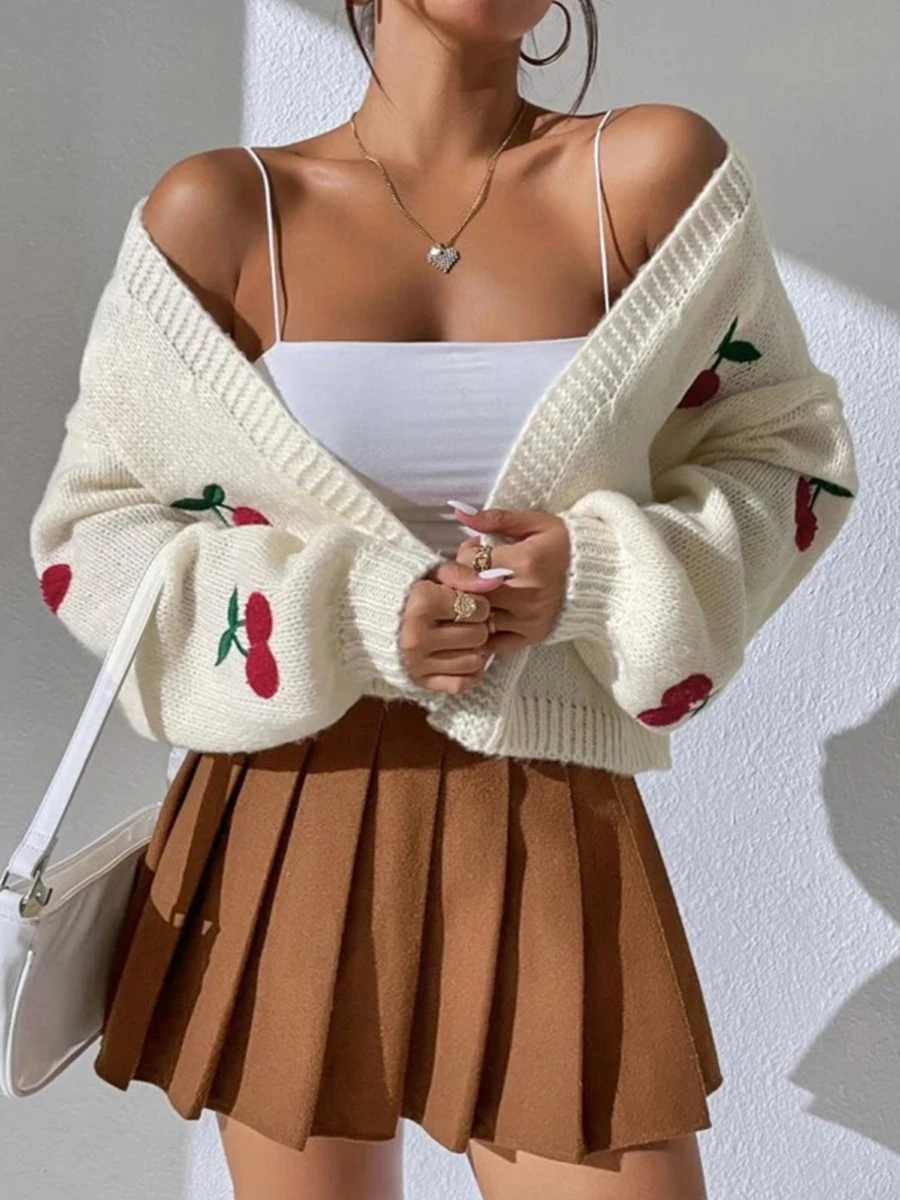 

MALCIKLO Women s Open Front Loose Sweater Cardigan Cherry Embroidery Lantern Long Sleeve Cropped Sweater Jacket