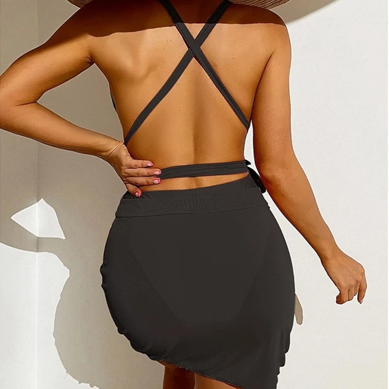 

2Pcs Plunging One Piece Swimsuit With Mesh Skirt Sexy Crisscross Women's Swimwear 2022 Backless Monokini Solid Bathing Suits