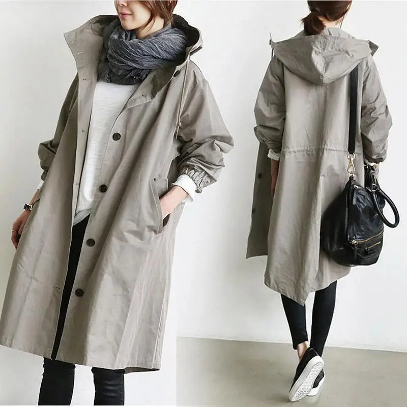 Fashion Trench Coat Female Autumn Casual Long Sleeve Hooded Medium Long Overcoat Loose Windbreaker Coat Spring Trench Plus Size
Fashion Trench Coat Female Autumn Casual Long Sleeve Hooded Medium Long Overcoat Loose Windbreaker Coat Spring Trench Plus Size