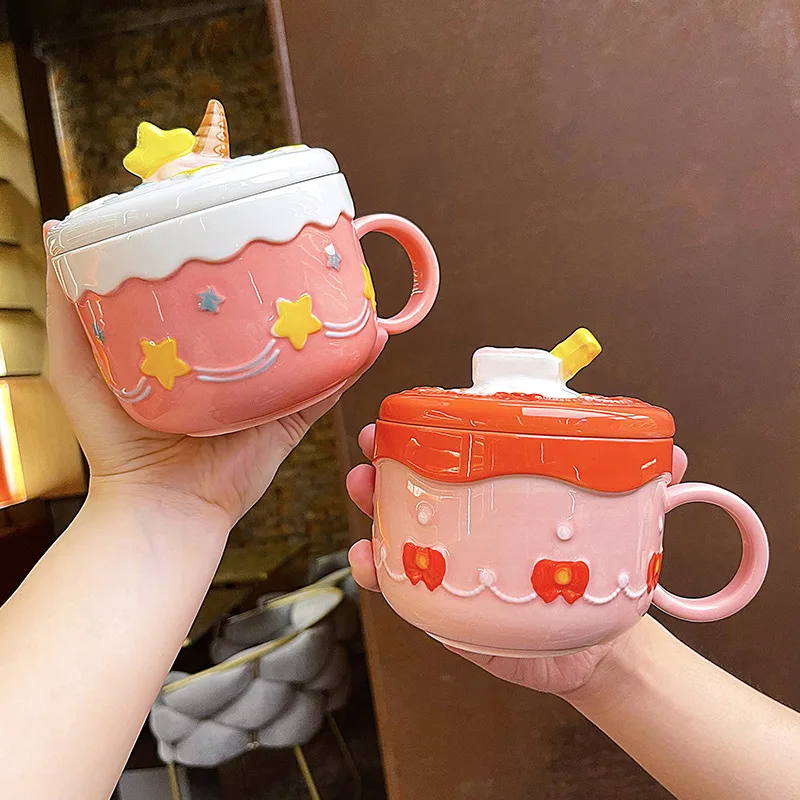 

430ml New Ceramic Coffee Mug Creative Cute Cake Embossed Pattern Water Cup Large Capacity with Cover Home Office Juice Mugs Gift