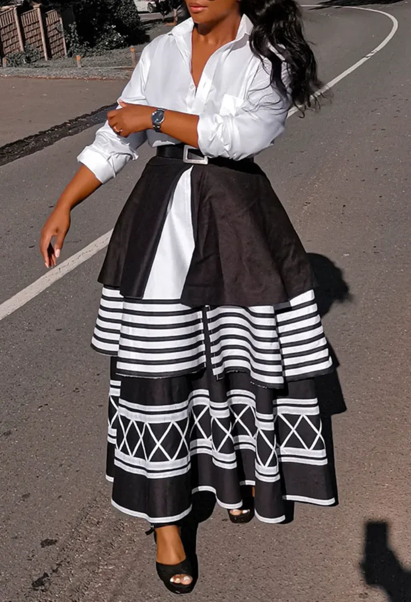 

WUHE Striped Geometrical Cascading Ruffles Big Swing A-line Maxi Long Vintage Skirt 2023 New Women Fashion Streetwear