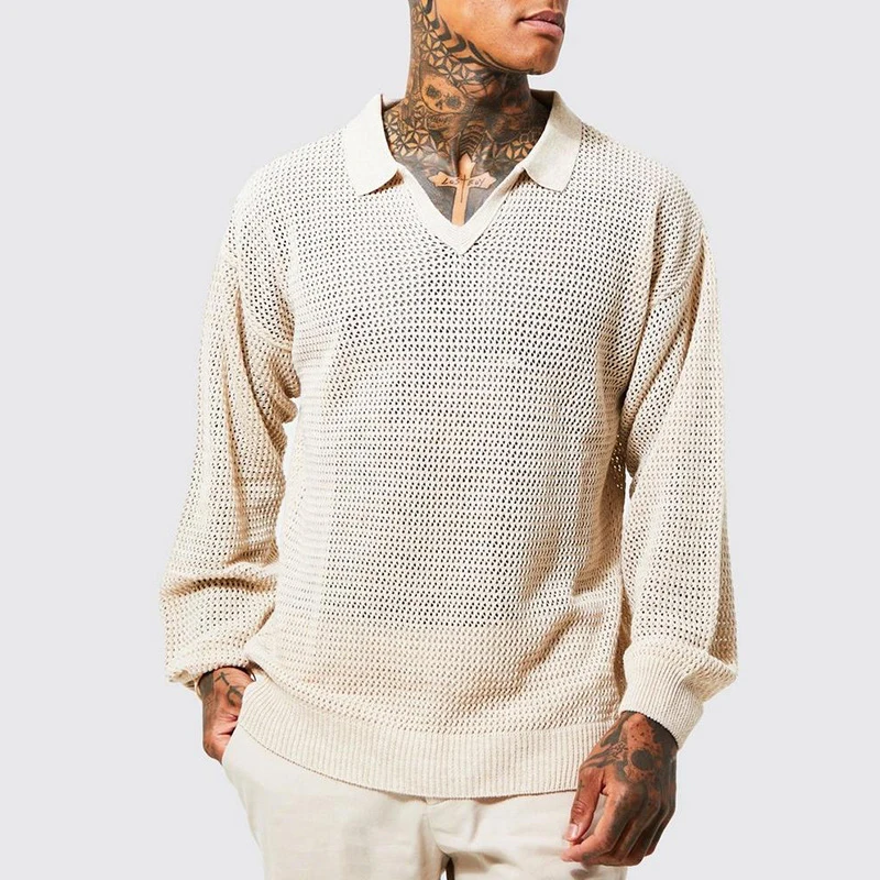 Collar Long Sleeve Pullovers for Mens Streetwear Tops Fashion Hollow Knitted Polo Shirts Men Autumn Summer Casual Turn-down
Collar Long Sleeve Pullovers for Mens Streetwear Tops Fashion Hollow Knitted Polo Shirts Men Autumn Summer Casual Turn-down