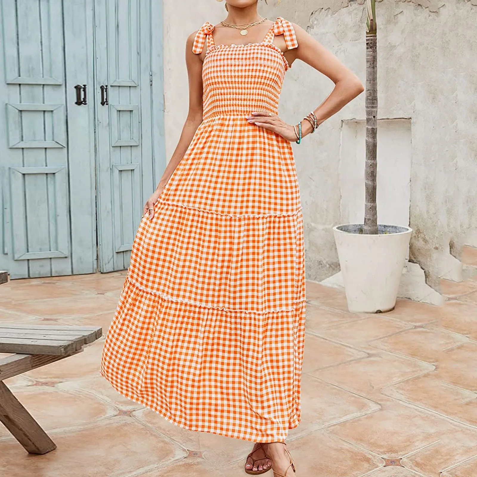 Summer Vintage Plaid Maxi Dress Women Casual Lace Up Loose Fit Long Party Dress Boho Print Sling Loose Pleated Ruffle Dress
Summer Vintage Plaid Maxi Dress Women Casual Lace Up Loose Fit Long Party Dress Boho Print Sling Loose Pleated Ruffle Dress