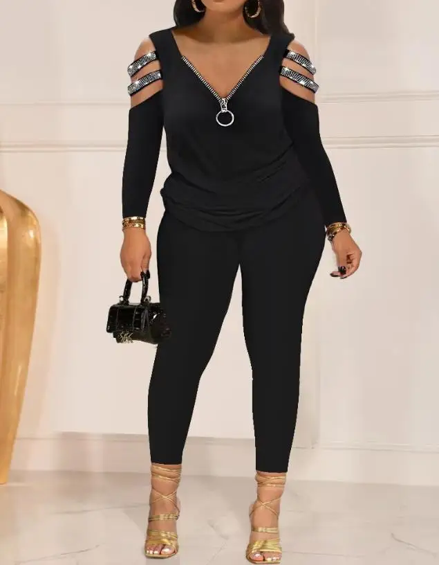 Woman Fashion Cold Shoulder Rhinestone Top & High Waist Pants Set Women's Casual Clothing Two Piece Set Outfits for Women
Woman Fashion Cold Shoulder Rhinestone Top & High Waist Pants Set Women's Casual Clothing Two Piece Set Outfits for Women