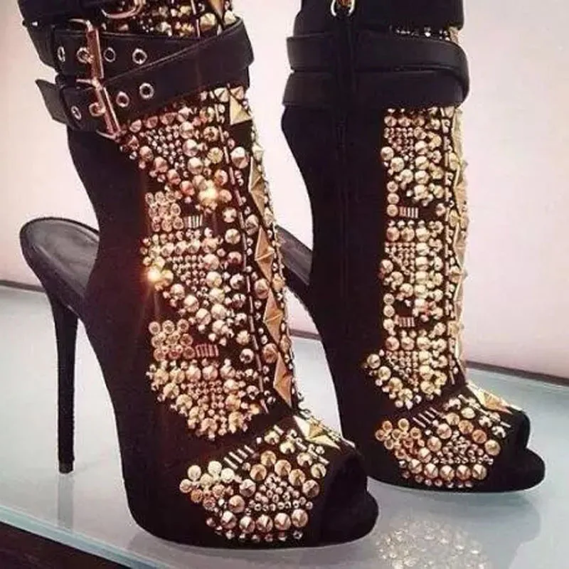 Ladies Suede Leather Golden Geomatric Rivets Studded Metal Buckled Ankle Booties Women High Heels Slingback Short Bottines Shoes
Ladies Suede Leather Golden Geomatric Rivets Studded Metal Buckled Ankle Booties Women High Heels Slingback Short Bottines Shoes