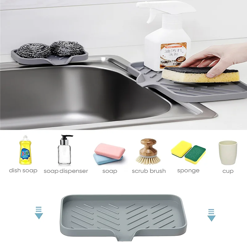 Silicone Sink Tray Soap Dish Holder With Built-in Drain Lip Kitchen Countertop Sink Scrubber Brush Sponge Bottles Organizer Tray
Silicone Sink Tray Soap Dish Holder With Built-in Drain Lip Kitchen Countertop Sink Scrubber Brush Sponge Bottles Organizer Tray