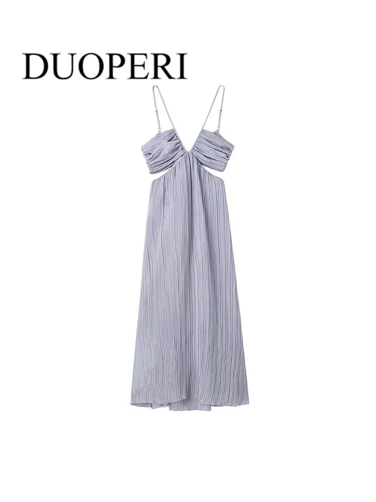 DUOPERI Women Fashion Solid Hollow Out Side Zipper Pleated Midi Dress Vintage Thin Straps V-Neck Female Chic Dresses Outfits
DUOPERI Women Fashion Solid Hollow Out Side Zipper Pleated Midi Dress Vintage Thin Straps V-Neck Female Chic Dresses Outfits