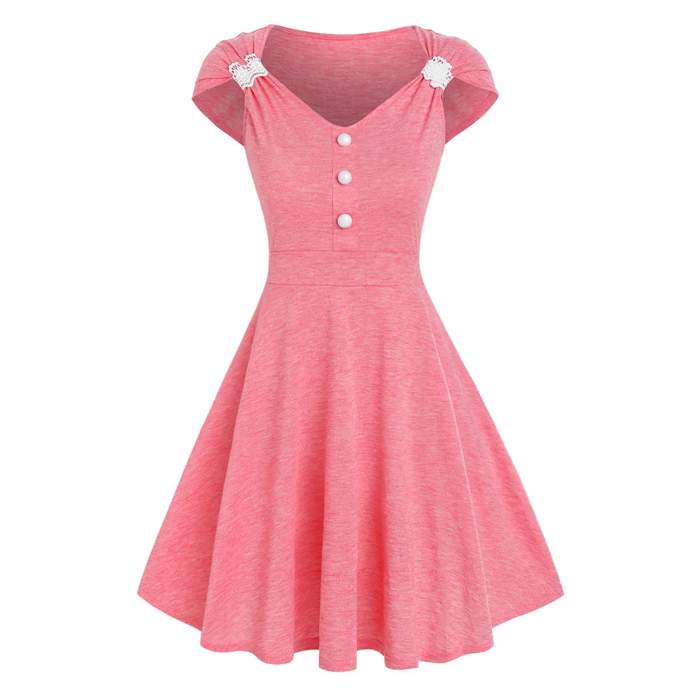Casual Style Heathered Summer Cap Sleeve Dress For Women Crochet Insert Cap Sleeve Mini Dress Mock Button Flare A Line Robe
Casual Style Heathered Summer Cap Sleeve Dress For Women Crochet Insert Cap Sleeve Mini Dress Mock Button Flare A Line Robe