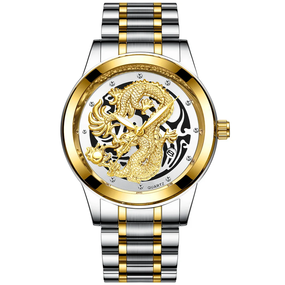 

FNGEEN Chinese Top Brand Luxury Mens Watches Dragon Gold Quartz Watch Fashion Diamond Dial Business Male Luminous Calendar Watch