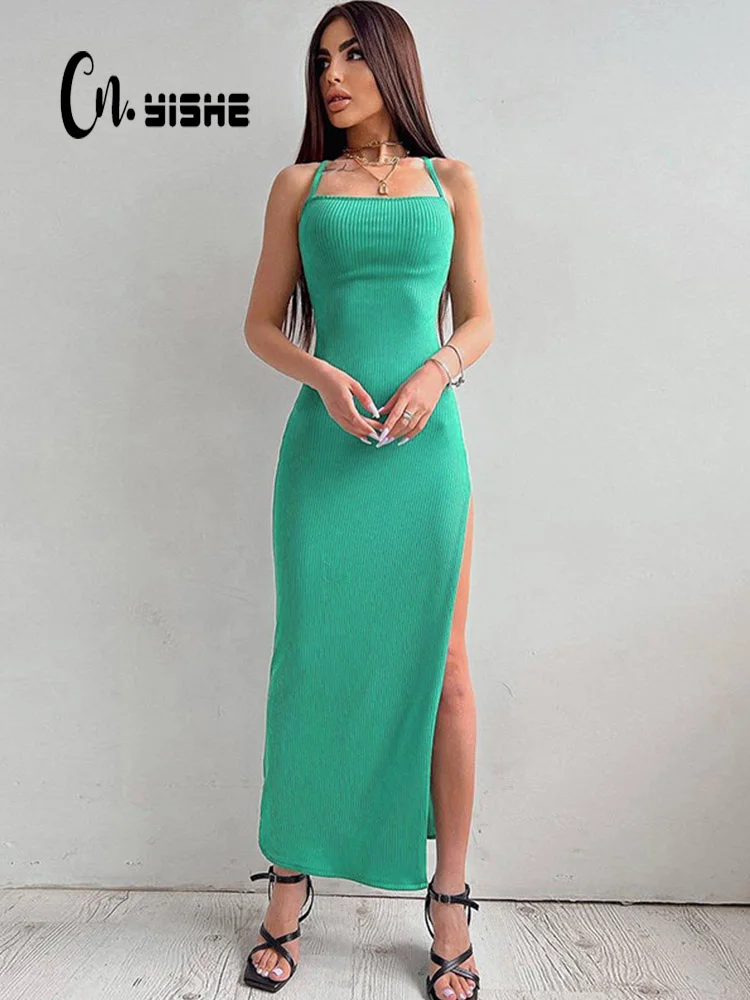 CNYISHE Knitted Ribbed Green Sleeveless Backless Slit Slips Maxi Dress Women Sexy Summer Elegant Outfit Beachwear Dresses Y2K
CNYISHE Knitted Ribbed Green Sleeveless Backless Slit Slips Maxi Dress Women Sexy Summer Elegant Outfit Beachwear Dresses Y2K