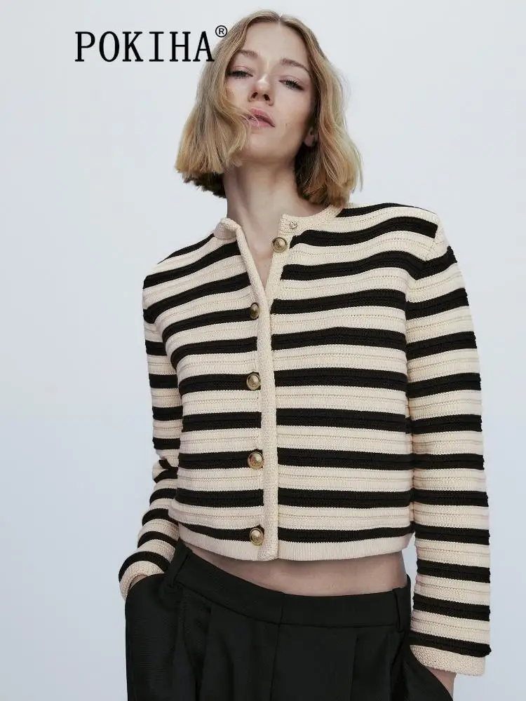Pokiha Fashion Women Elegant Striped With Gold Buttons Crop Knit Cardigan Sweater Vintage Long Sleeve Female Outerwear Chic Tops 
Pokiha Fashion Women Elegant Striped With Gold Buttons Crop Knit Cardigan Sweater Vintage Long Sleeve Female Outerwear Chic Tops