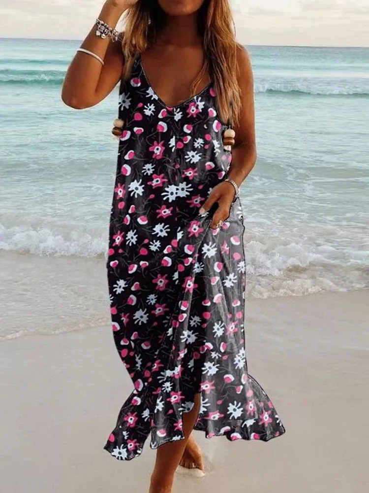 Beach Sling Loose Ladies Long Dress Sexy V-Neck Floral Print Hem Ruffle Dress Vintage Sleeveless Bohemian Pullover A-Line Dress
Beach Sling Loose Ladies Long Dress Sexy V-Neck Floral Print Hem Ruffle Dress Vintage Sleeveless Bohemian Pullover A-Line Dress