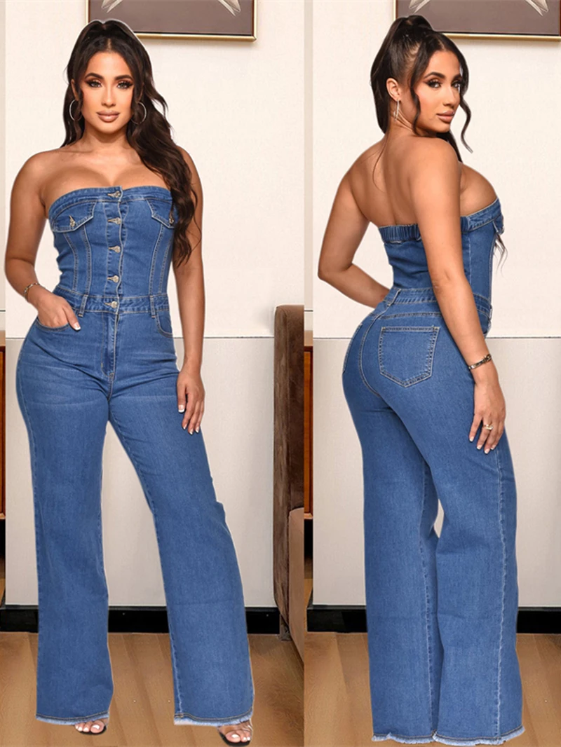 Sexy Denim Strapless Jumpsuits Women Summer Clothing Sleeveless Flare Pants Jeans Rompers Playsuits One Pieces Overalls Outfits
Sexy Denim Strapless Jumpsuits Women Summer Clothing Sleeveless Flare Pants Jeans Rompers Playsuits One Pieces Overalls Outfits