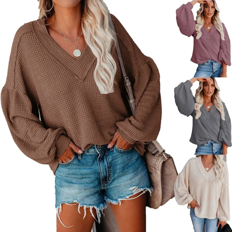 2022 Autumn and Winter New European and American Fashion Loose Solid Color V-neck Sweater Lantern Sleeve Ladies Sweater Trend
2022 Autumn and Winter New European and American Fashion Loose Solid Color V-neck Sweater Lantern Sleeve Ladies Sweater Trend