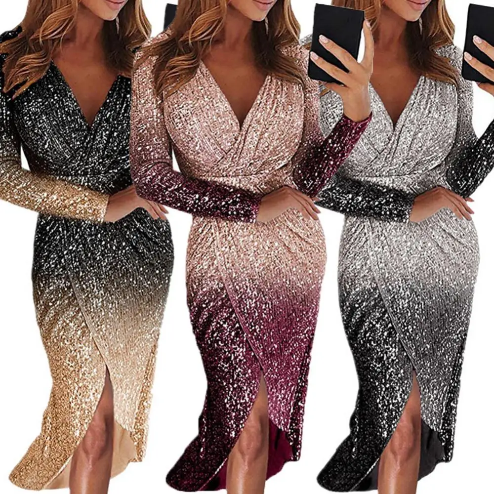 Sexy Women Dress Deep V Neck Shiny Sequins Gradient Color Front Wrapped Hem Irregular Hem Cub Party Lady Midi Dresses
Sexy Women Dress Deep V Neck Shiny Sequins Gradient Color Front Wrapped Hem Irregular Hem Cub Party Lady Midi Dresses