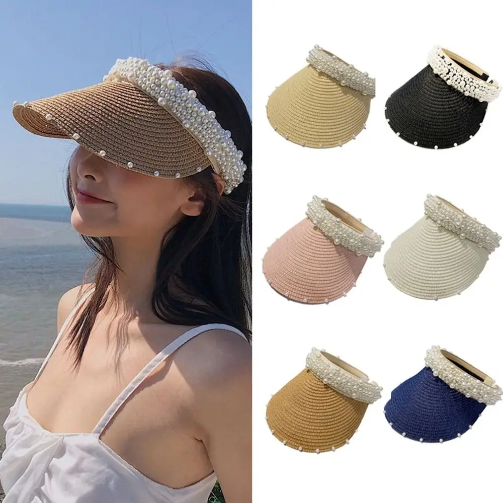 

Summer Empty Top Suncap Wide Brim Pearls Women Sun Hat Casual Straw Cap UV Protection Sun Visor Hat Beach Cap