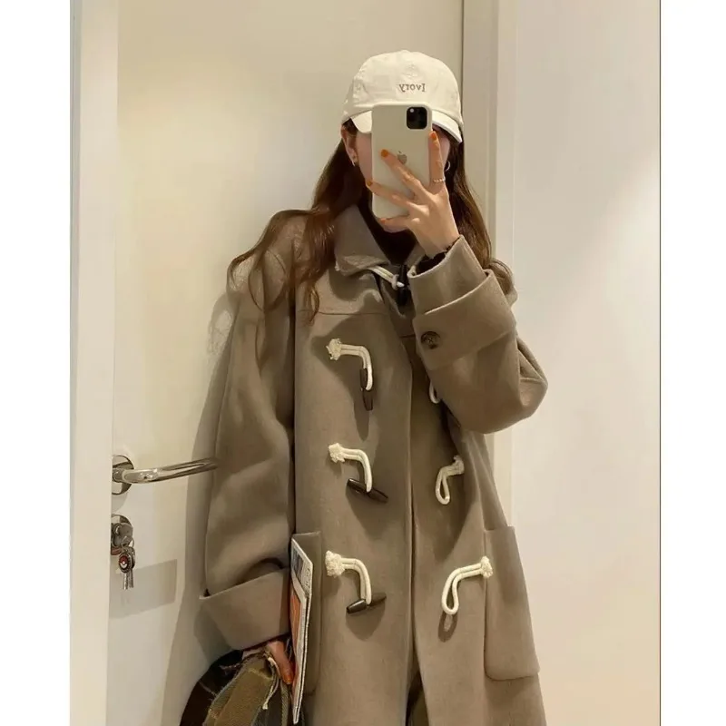 

Женское шерстяное пальто, свободное и облегающее шерстяное пальто средней длины на пуговицах из коровьего рога в Корейском стиле для осени и зимы, Y2K