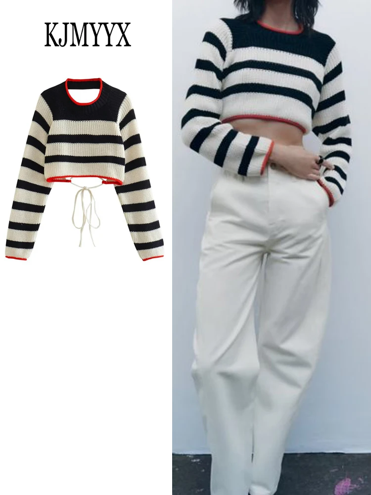 KJMYYX Fashion Backless Women With Tied Striped Crop Knit Sweater Vintage O Neck Long Sleeve Female Pullovers Chic Tops
KJMYYX Fashion Backless Women With Tied Striped Crop Knit Sweater Vintage O Neck Long Sleeve Female Pullovers Chic Tops