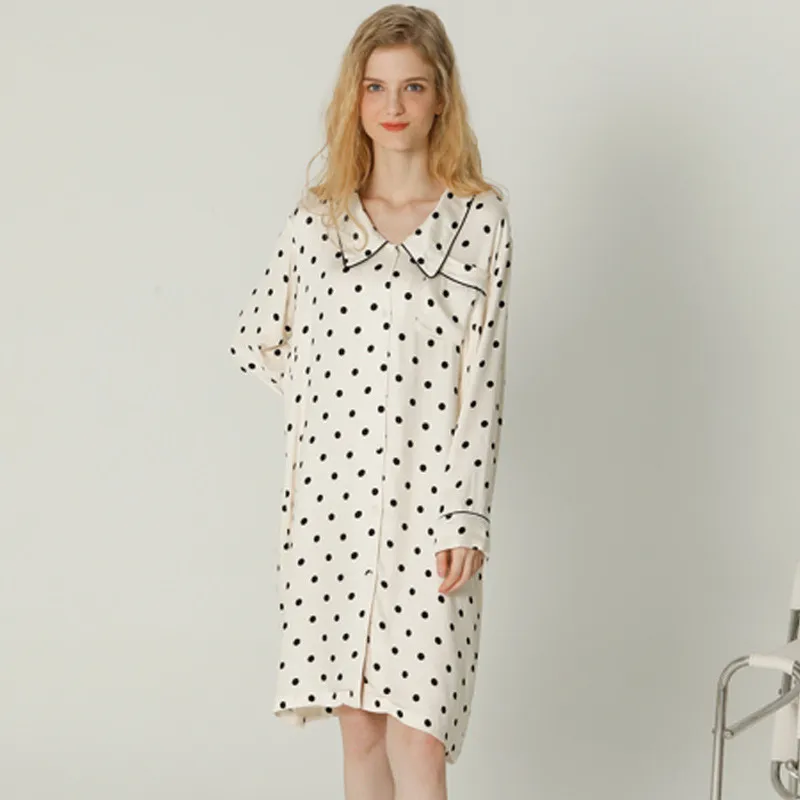 Women 100% Viscose Sleeping Shirt V-Neck Cardigan Polka Dot Nightdress Summer Short Knee-Length Cotton Nightgown Loose Nightie
Women 100% Viscose Sleeping Shirt V-Neck Cardigan Polka Dot Nightdress Summer Short Knee-Length Cotton Nightgown Loose Nightie