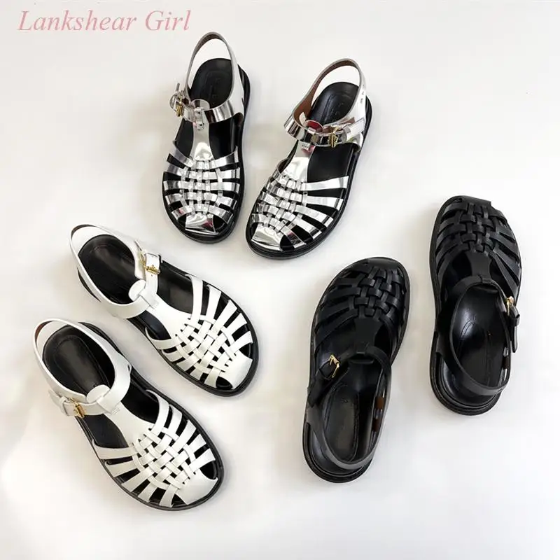 

2023 New Brand Design Summer Braided Hollow Roman Shoes Women Retro Cowhide Baotou Thick Sole Silver Fashion Sandals Women