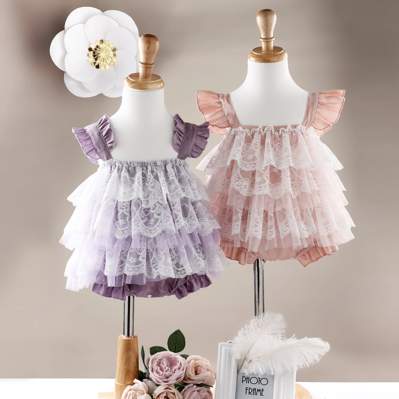 

2022-03-04 Lioraitiin 0-18M Baby Girl's Romper Ruffle Trim Fly Sleeve Multi-Layer Hem Snap Crotch Dress Style Sweet Clothing